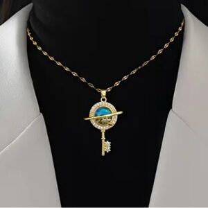 Stainless Steel Planet Key Pendant
Necklace With Zirconia and rhinestones